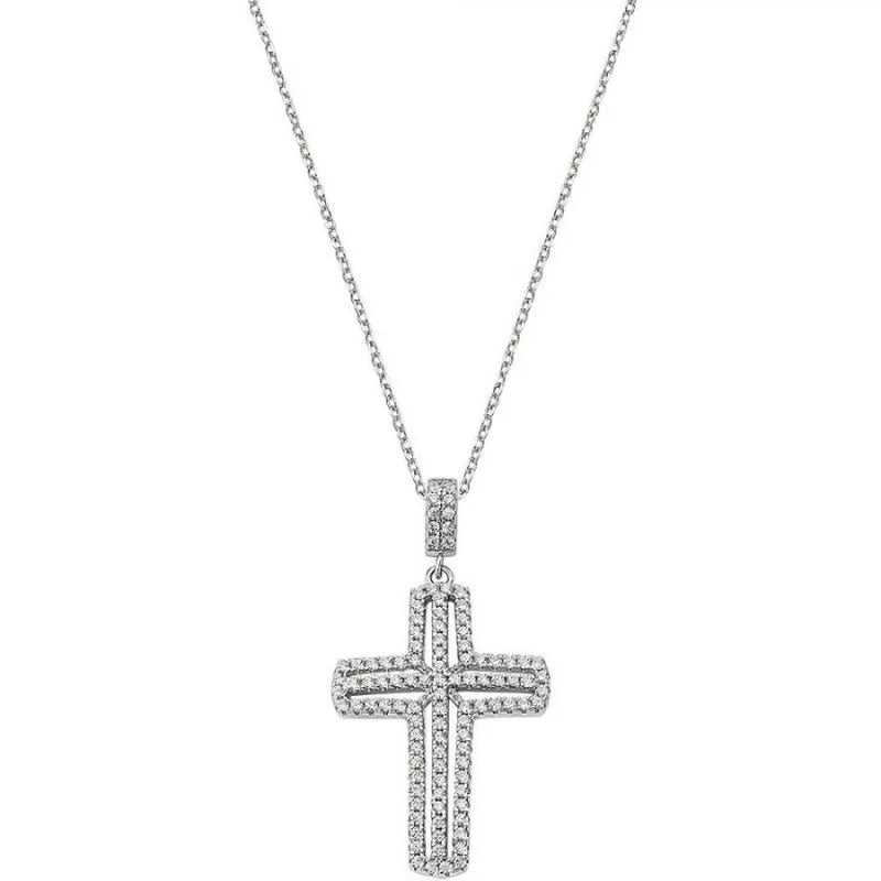 White Zirconia Double Cross Necklace