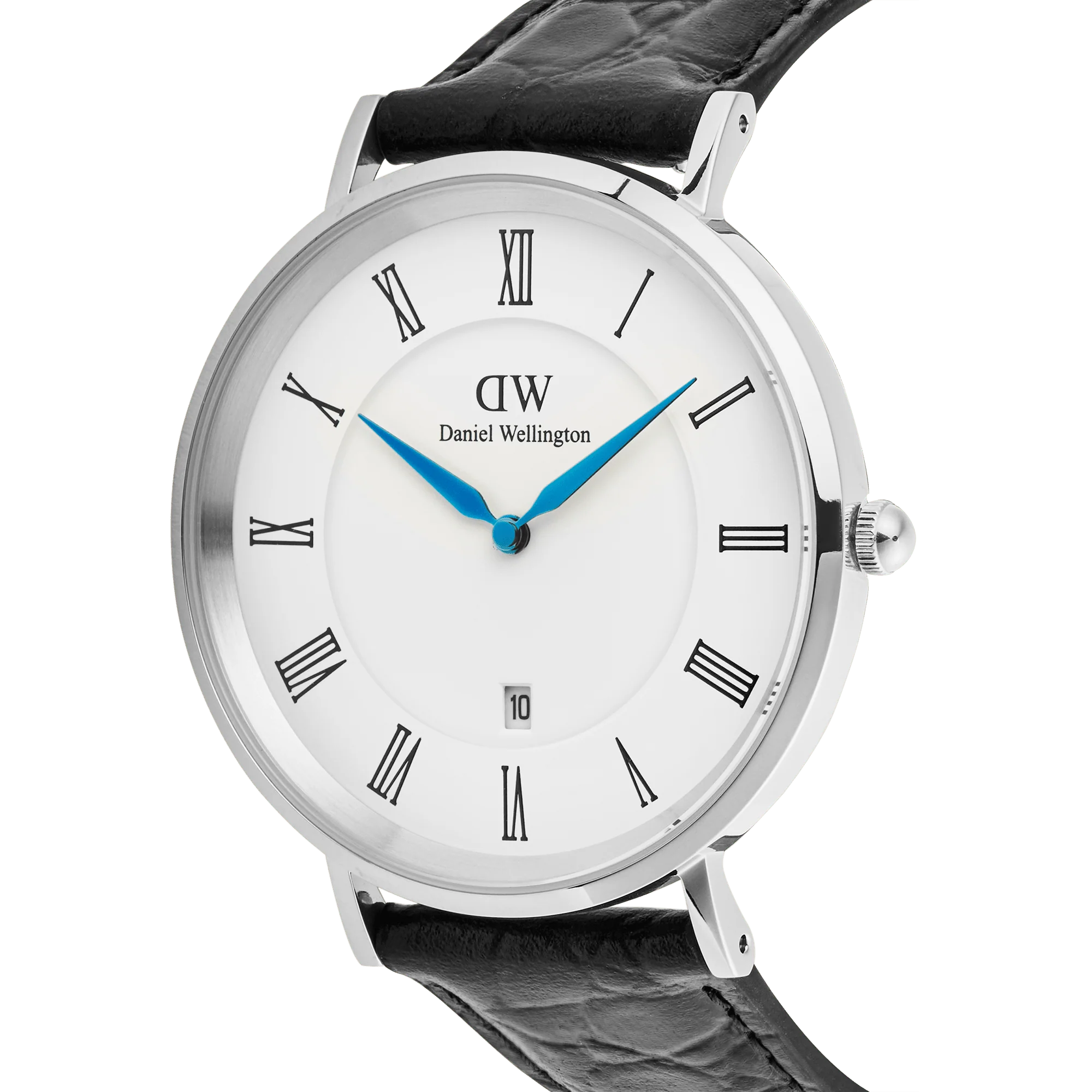 Classic Roman Numerals Date Black Croc Belly Silver
