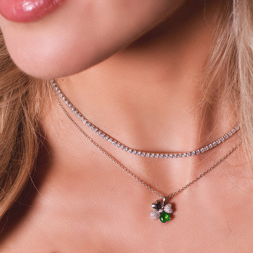Quadricuore Necklace Rhodium With White And Green Zircons