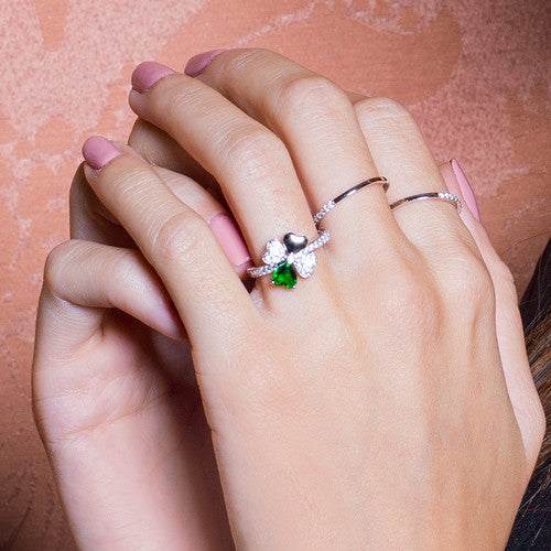 Quadricuore Ring Rhodium With White And Green Zircons