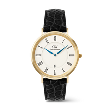 Load image into Gallery viewer, Classic Roman Numerals Date Black Croc Belly Gold