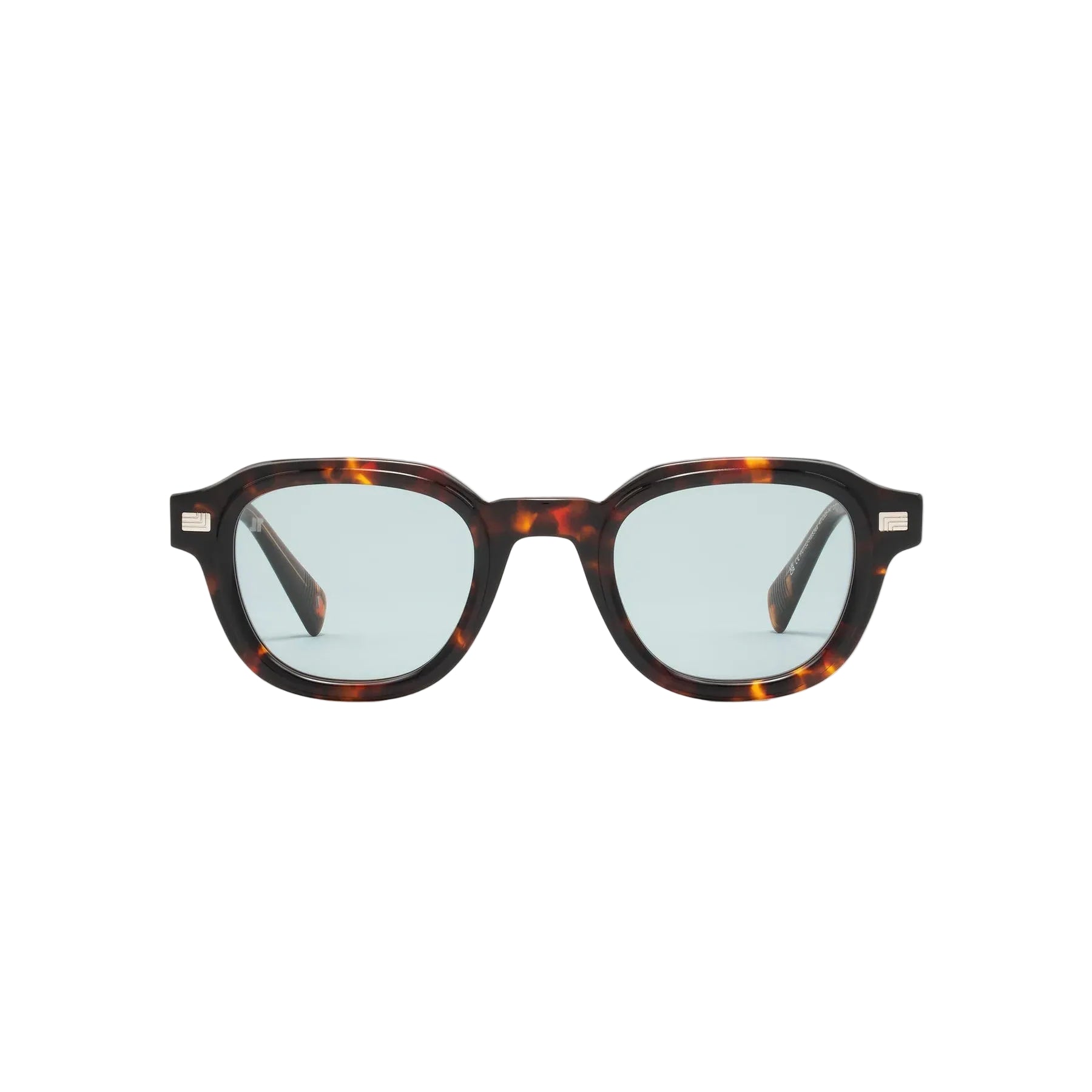 Sunglasses with tortoiseshell frame and light blue lenses on a white background