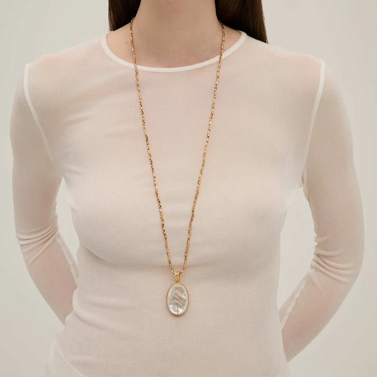 Lucky Scarab Long Necklace – White Mother-of-Pearl