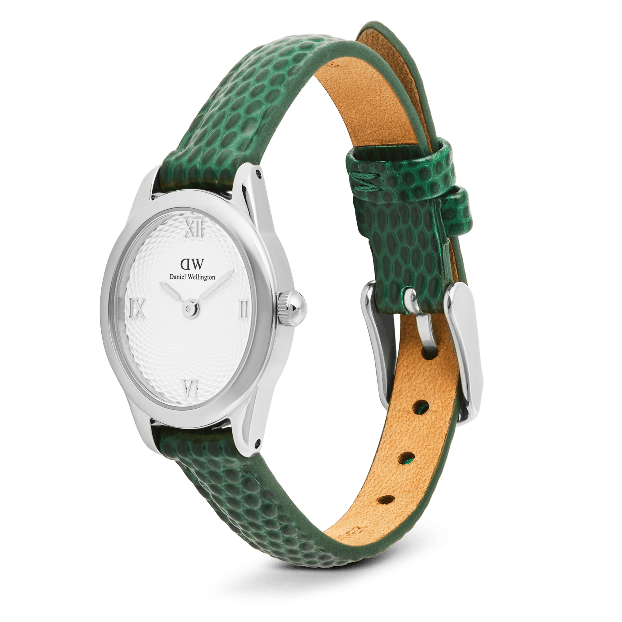 Ophelia Mini Green Lizard White Guilloche Silver