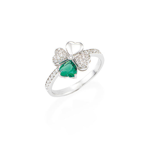 Quadricuore Ring Rhodium With White And Green Zircons