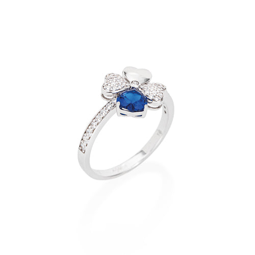 Quadricuore Ring Rhodium with White and Blue Zircons