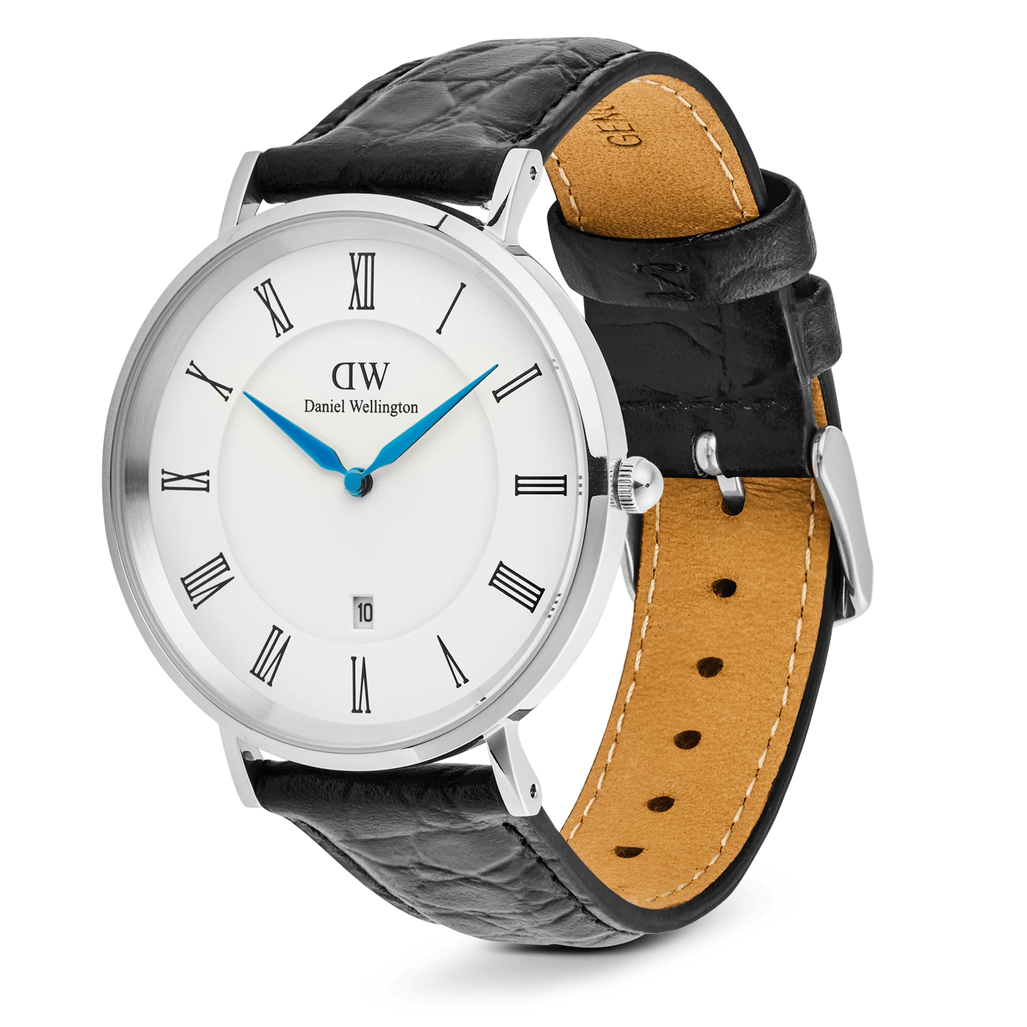 Classic Roman Numerals Date Black Croc Belly Silver