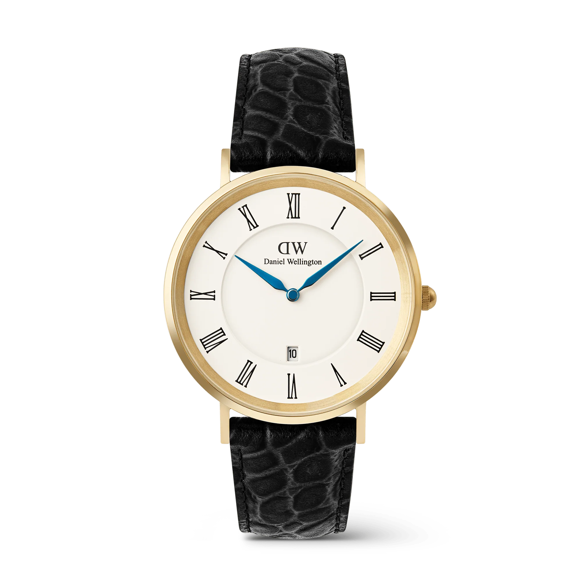 Classic Roman Numerals Date Black Croc Belly Gold