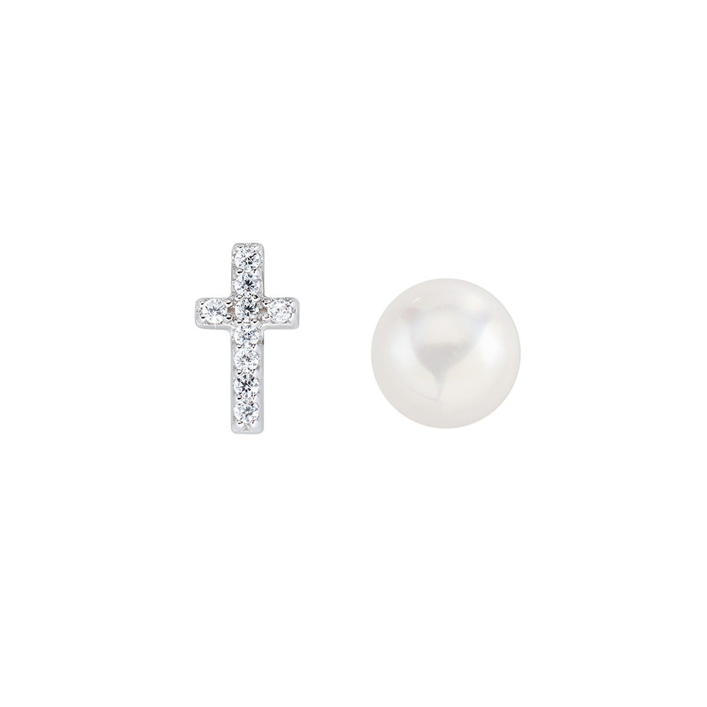 Rhodium Cross Zircon And Pearl Earrings