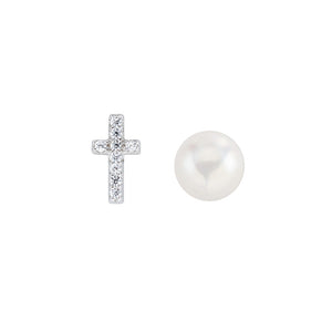 Rhodium Cross Zircon and Pearl Earrings