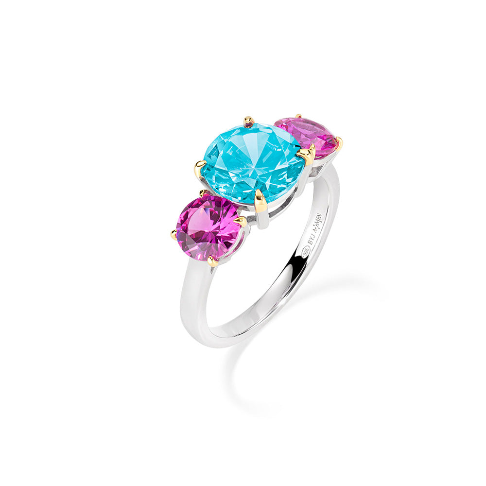 Ring With Turquoise And Fuchsia Zircons